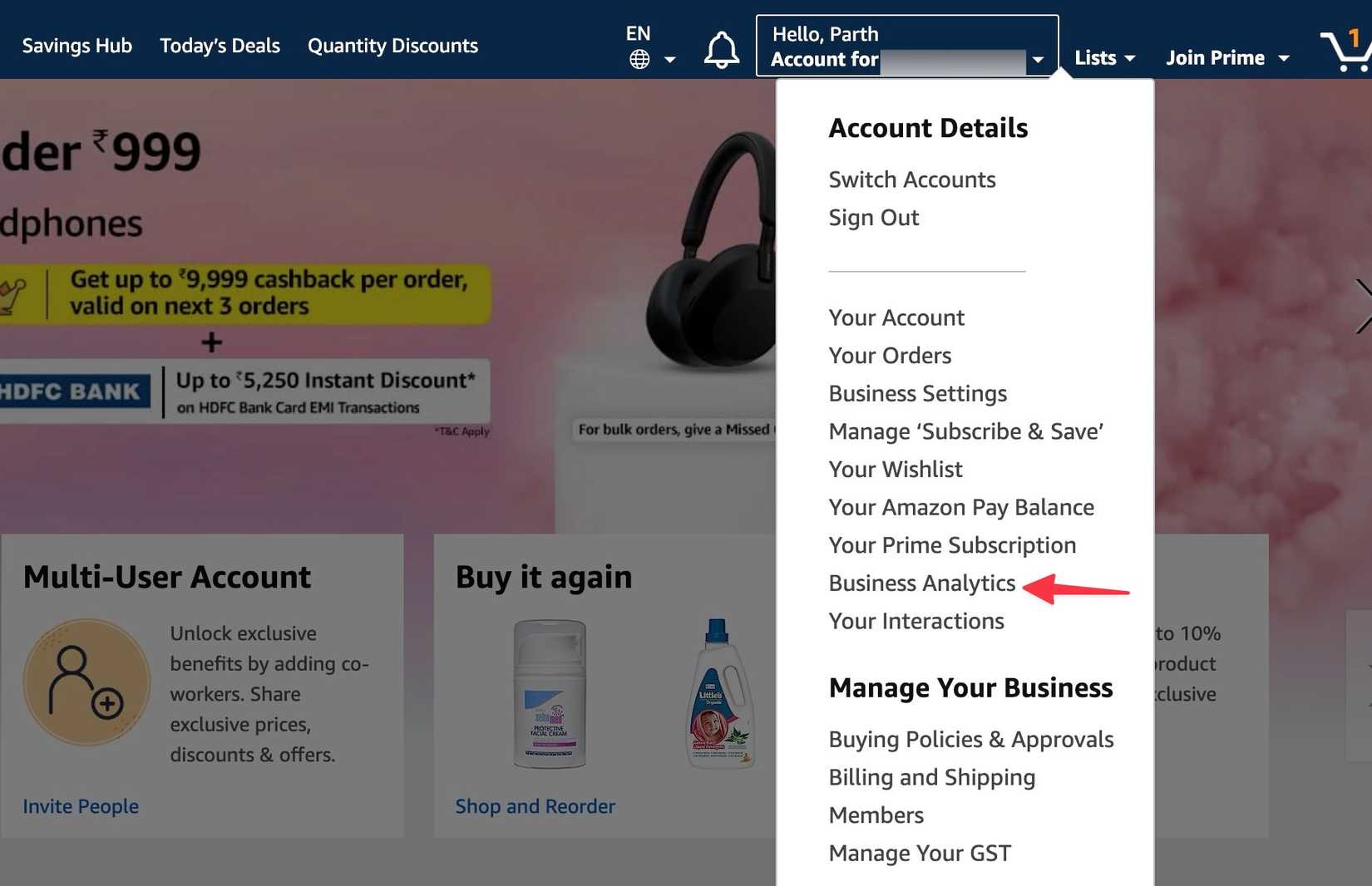 Amazon profile option showing an arrow pointing to Business Analytics on Amazon website