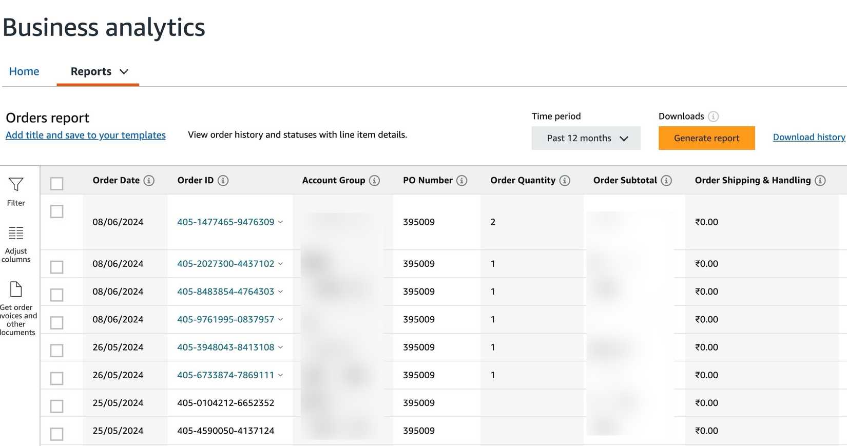 A list of total spends on Amazon categorized by order date, order ID, account group, PO number, order quantity, order subtotal, order shipping & handling