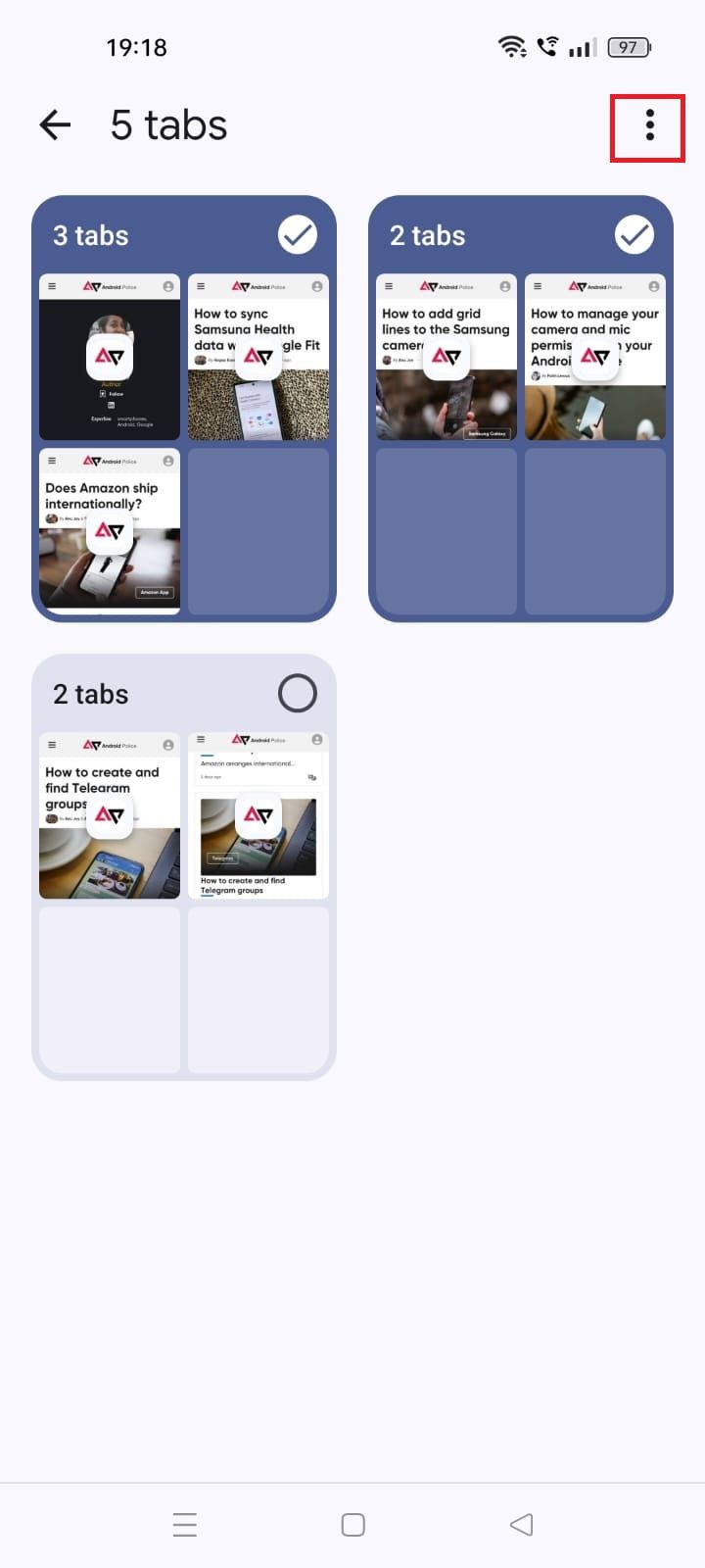 Screenshot highlighting the three-dot menu icon in the Chrome Android app