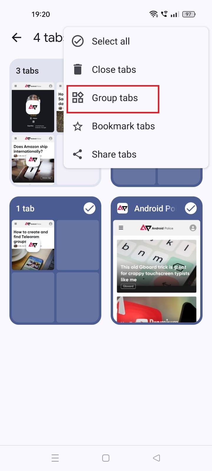 Screenshot highlighting Group tabs in the Chrome Android app