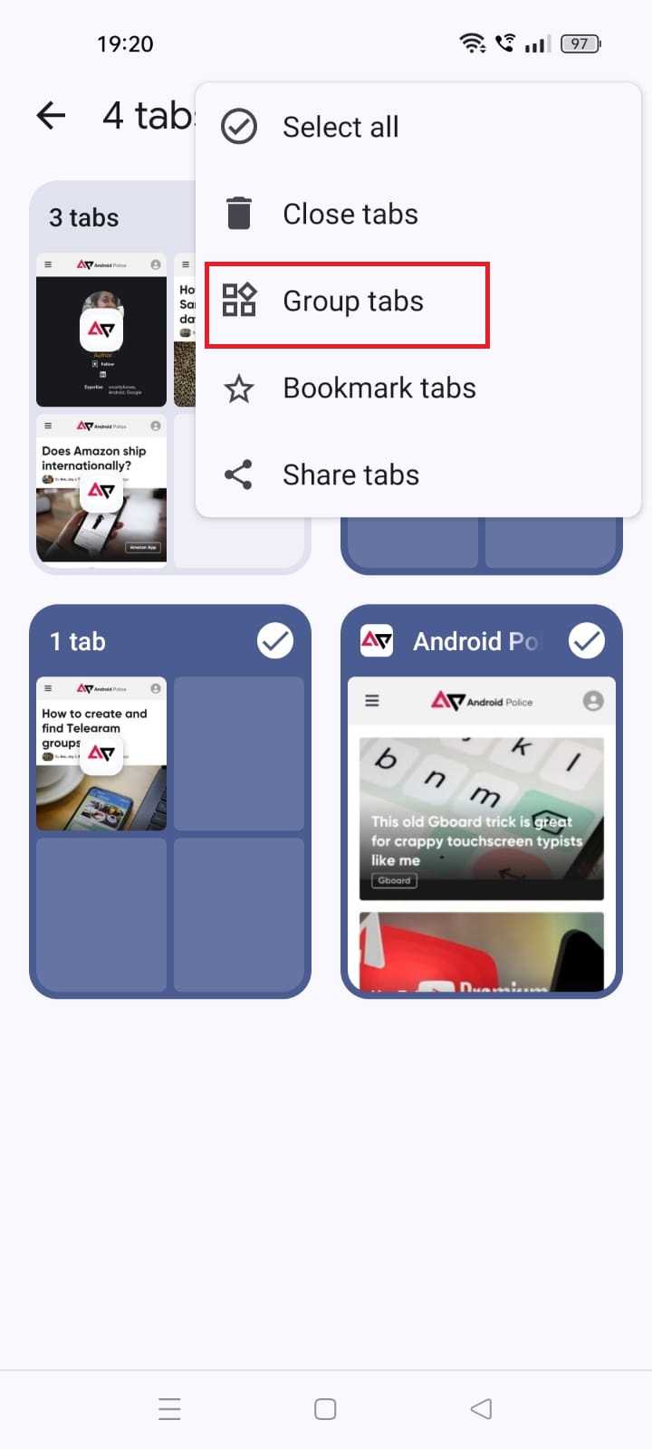 Screenshot highlighting Group tabs in the Chrome Android app