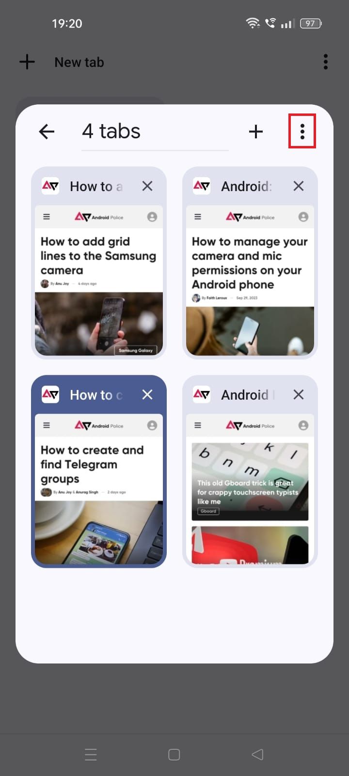 Screenshot highlighting the three-dot menu icon in the Chrome Android app