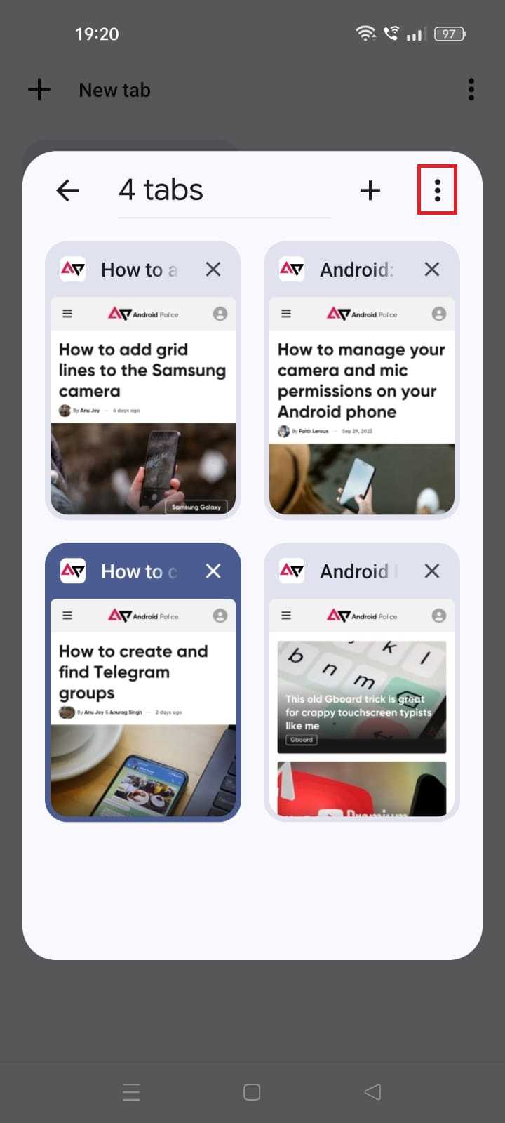 Screenshot highlighting the three-dot menu icon in the Chrome Android app