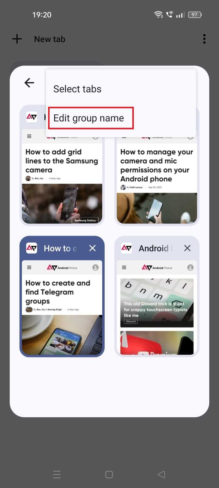 Screenshot highlighting Edit group name in the Chrome Android app