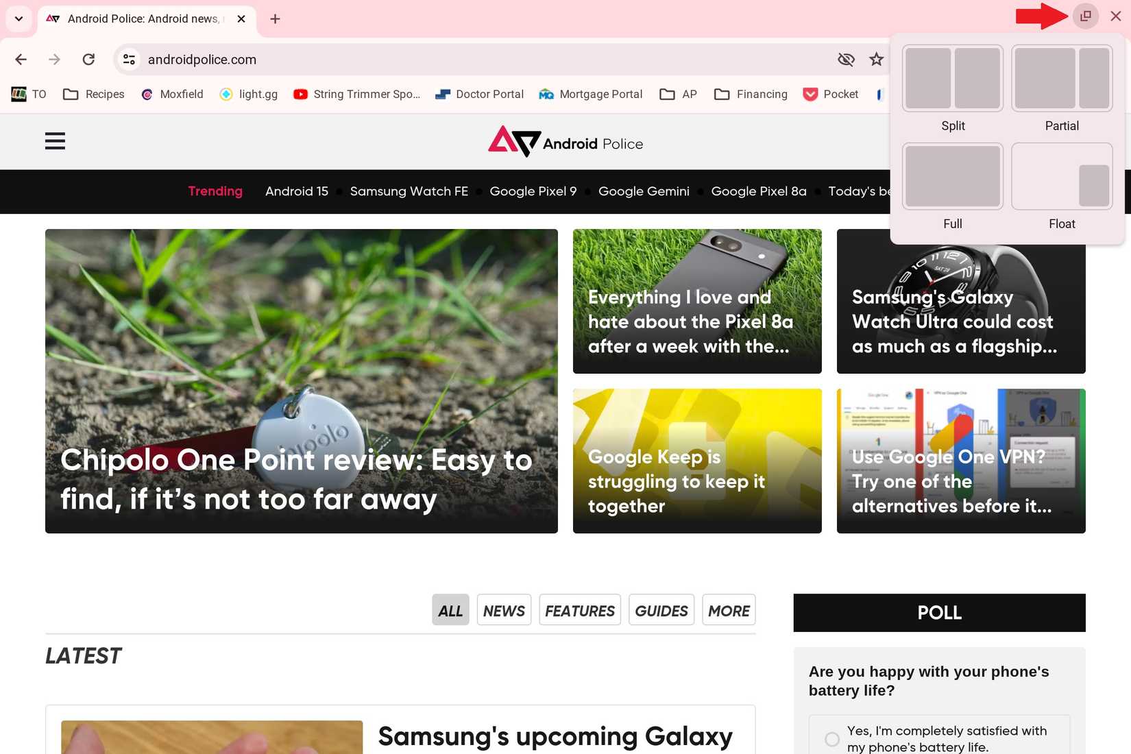 The Android Police website open in a Chrome tab on a Chromebook with the mouse hovering over the Maximize button and the split screen layouts pulled up