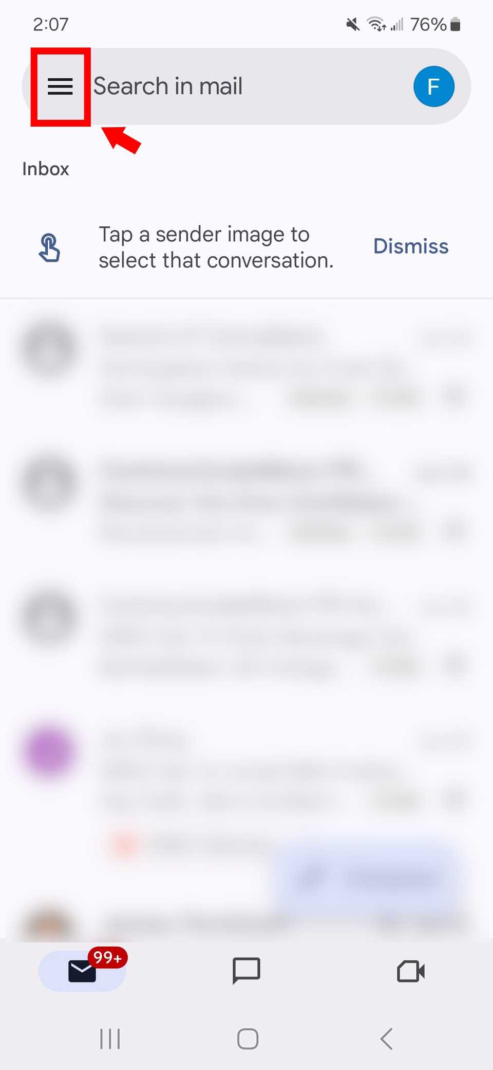 Red solid arrow pointing to red rectangle outline over hamburger button in gmail app