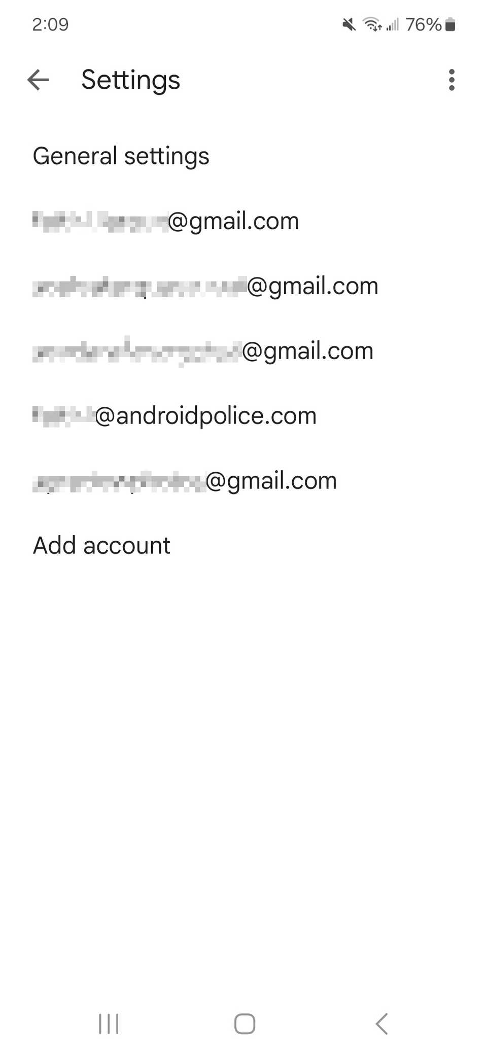 List of email addresses connected to the gmail app under settings