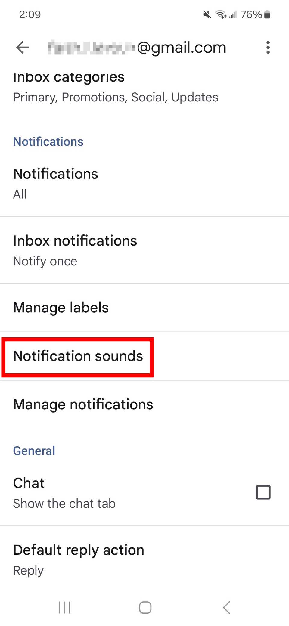 Red rectangle outline over notification sounds in email settings on gmail app