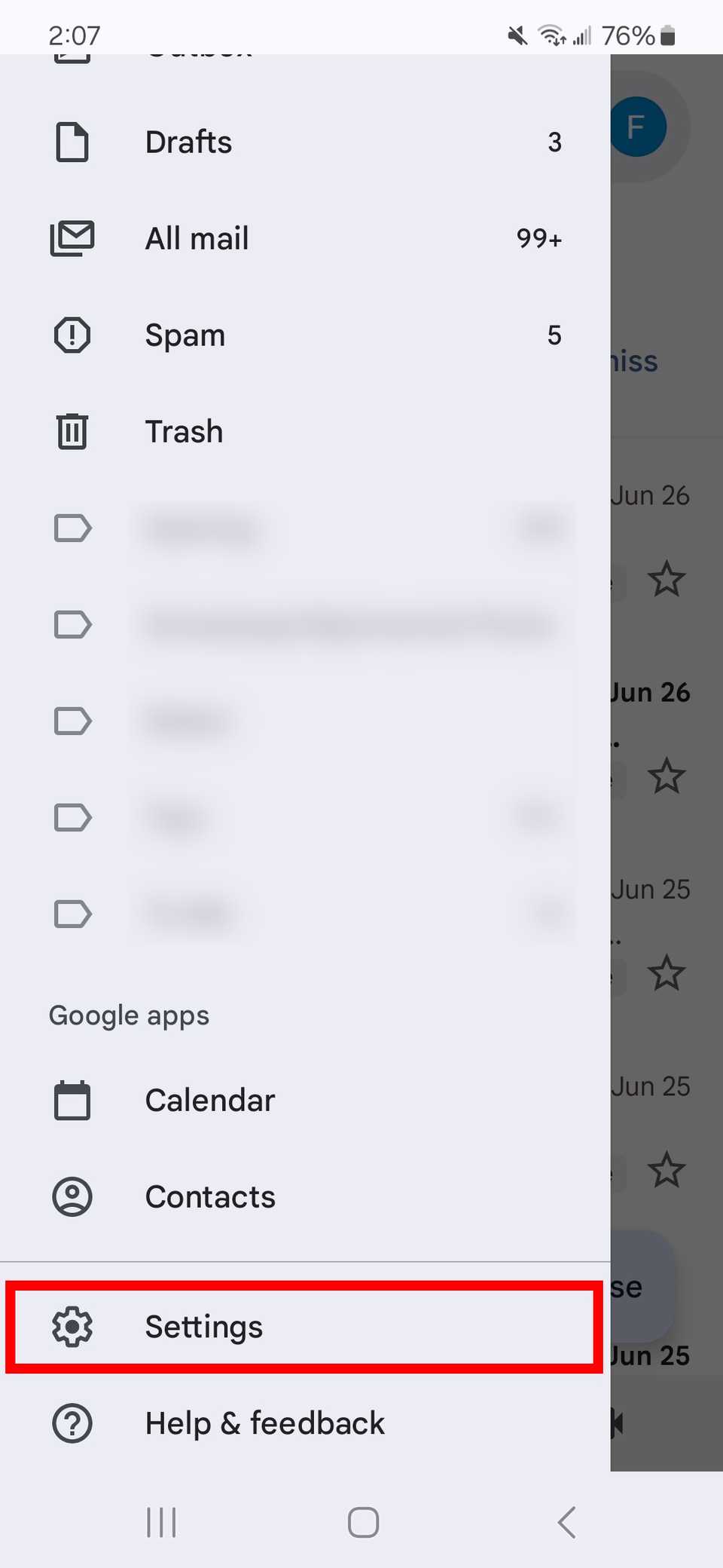 Red rectangle outline over settings in gmail app