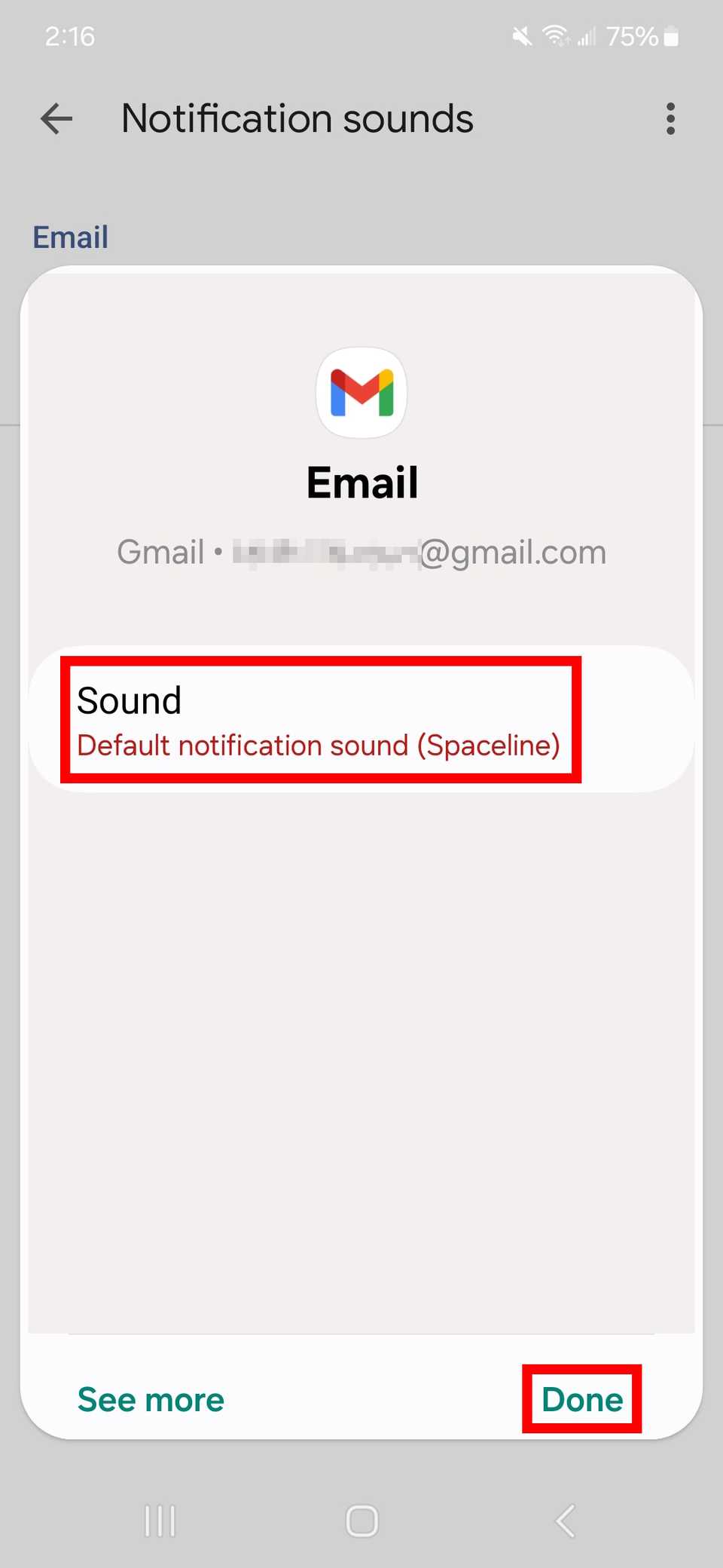 Two red rectangle outlines highlighting sound option and done button for an email in gmail app