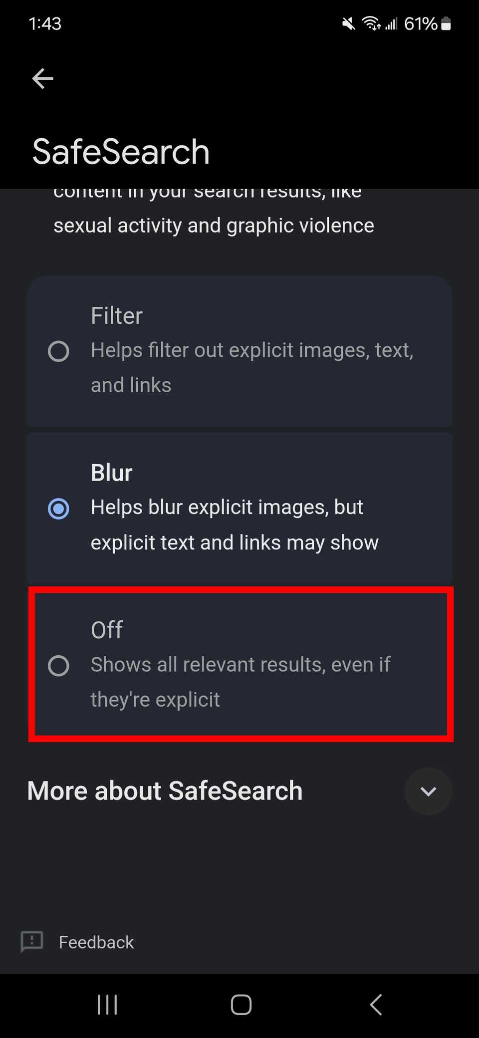 How to turn off Google SafeSearch and other search filters 6 red rectangle outline over off toggle on safesearch page
