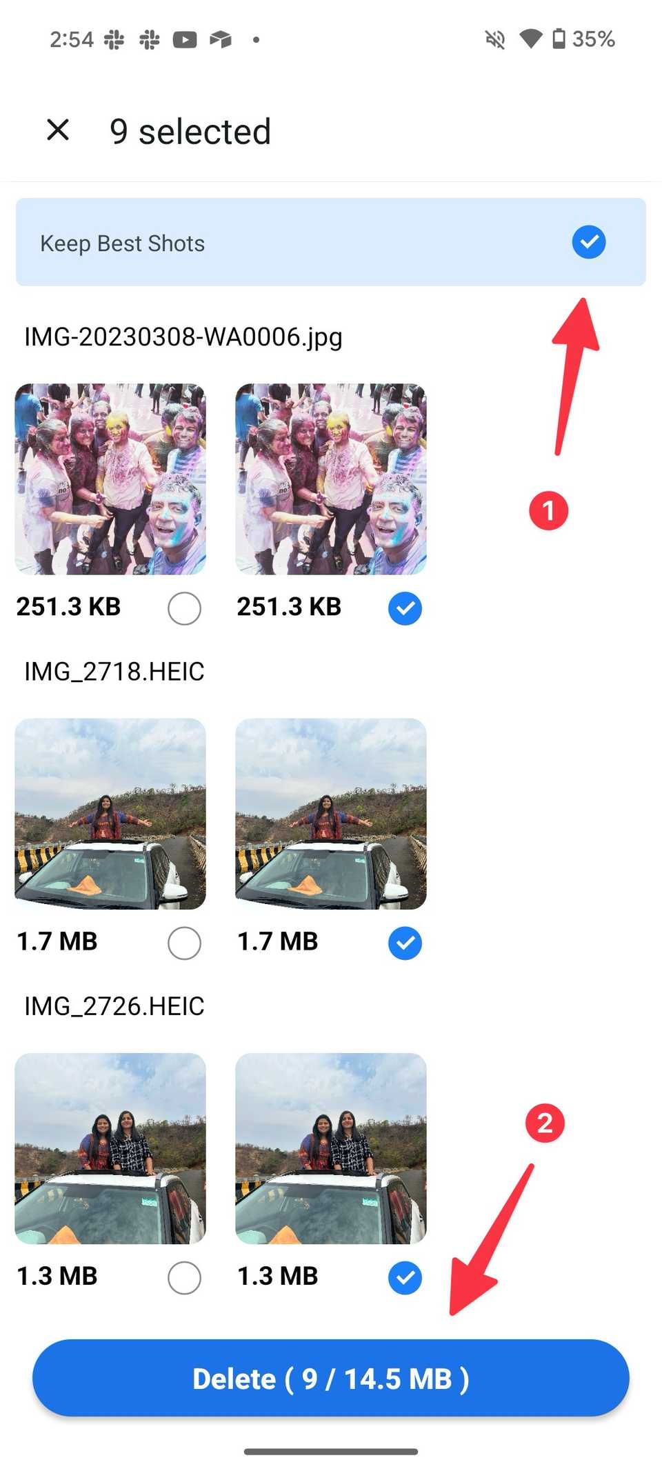Two red arrows with labeled numbers next to selecting keep best shots and delete button in Phone Cleaner app