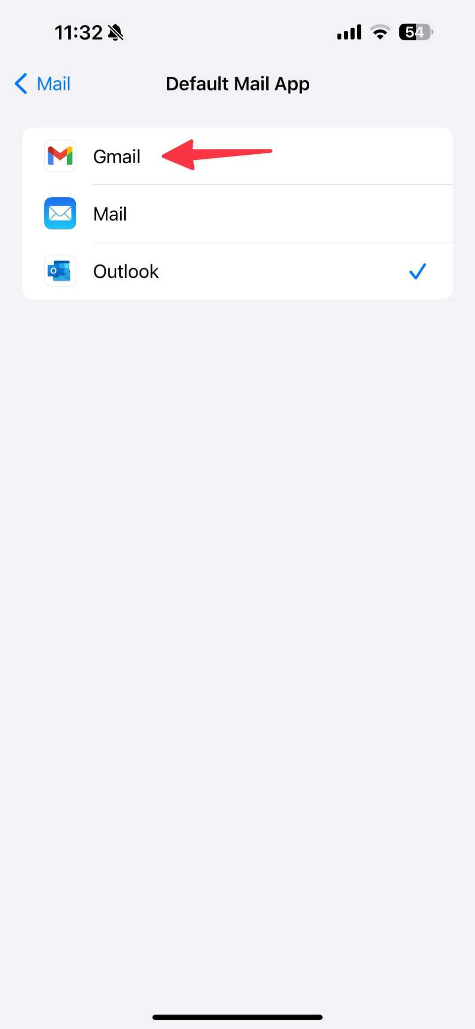 Red arrow pointing to Gmail when in the iOS default mail app 