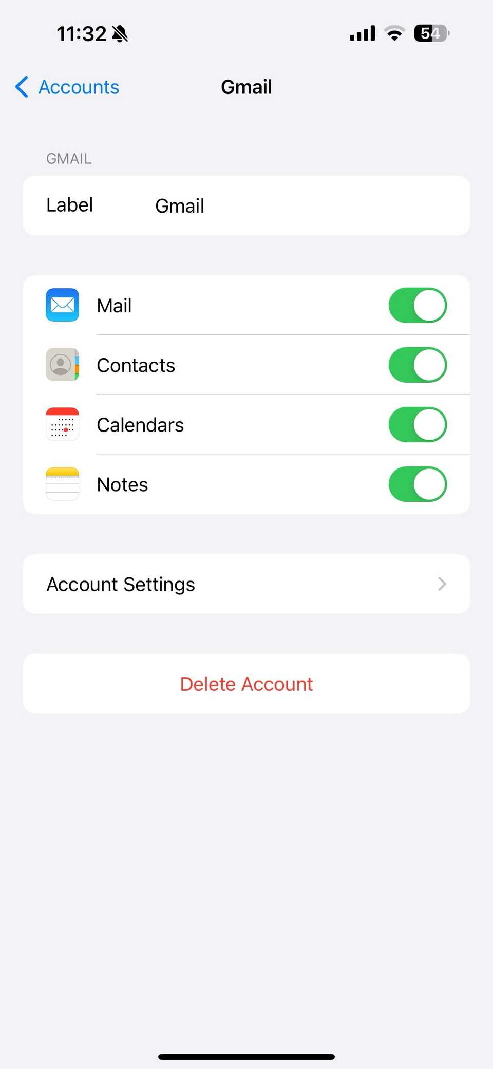 A list of toggles under Gmail services on iPhone
