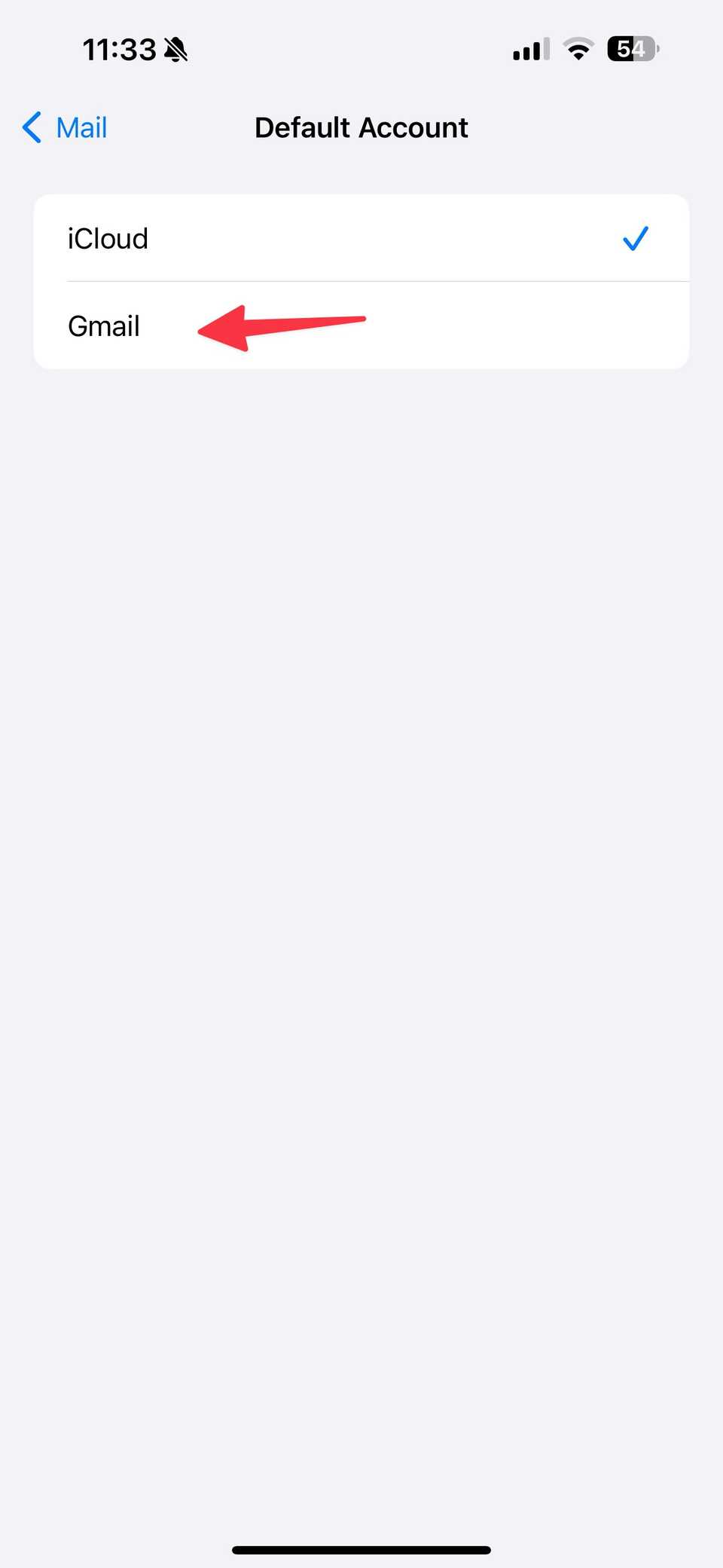 Red arrow pointing to Gmail under default account on iPhone