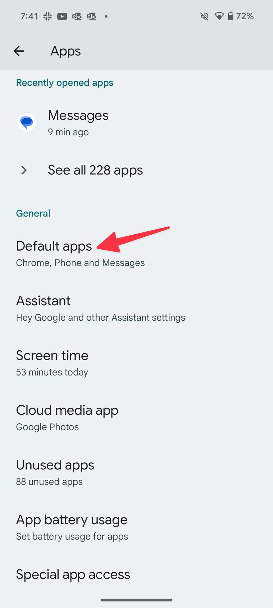 Red arrow pointing to default apps on Android