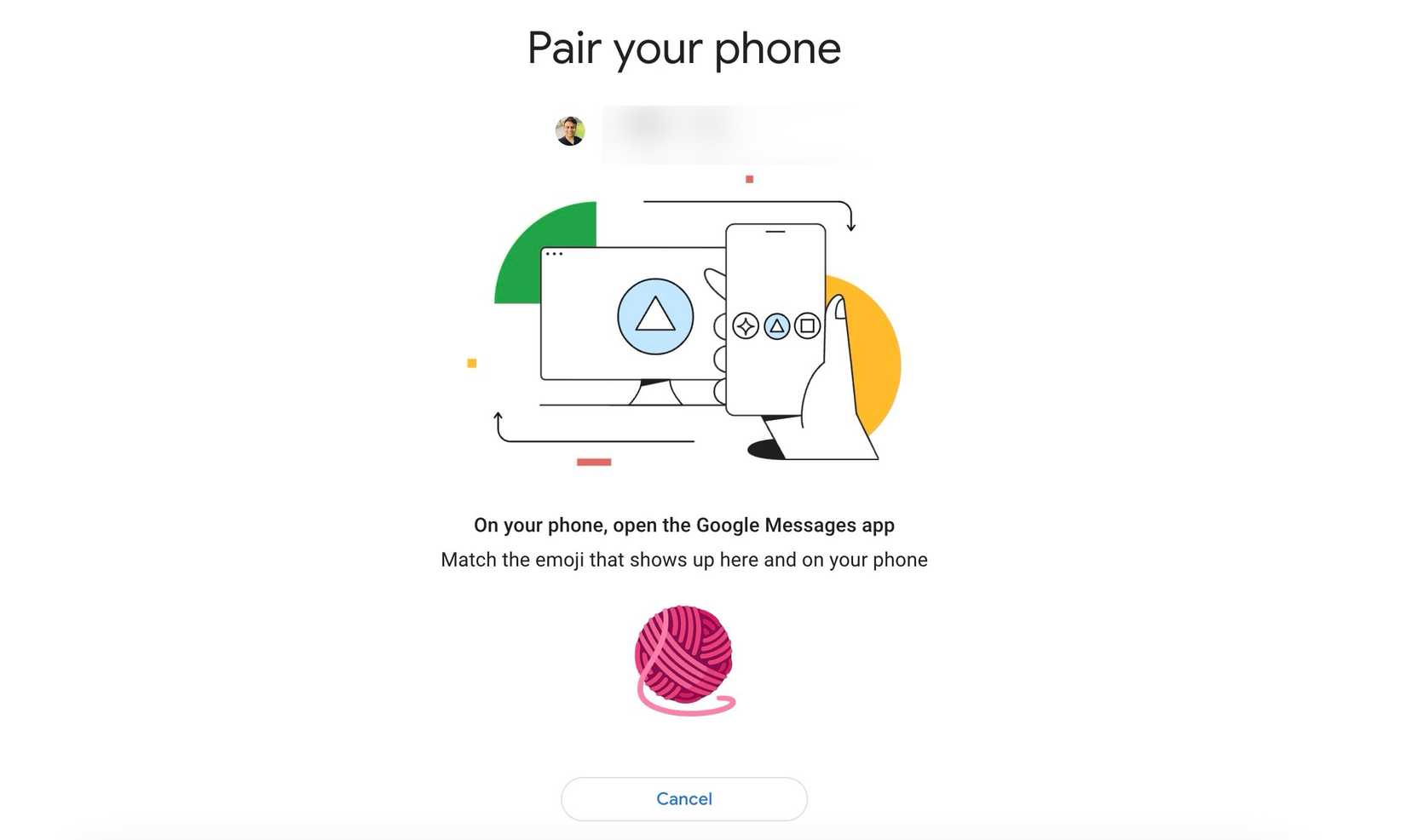 How to use Google Messages on your laptop or desktop 6 Google Messages on web showing the start of the pairing process, including the matching emoji method