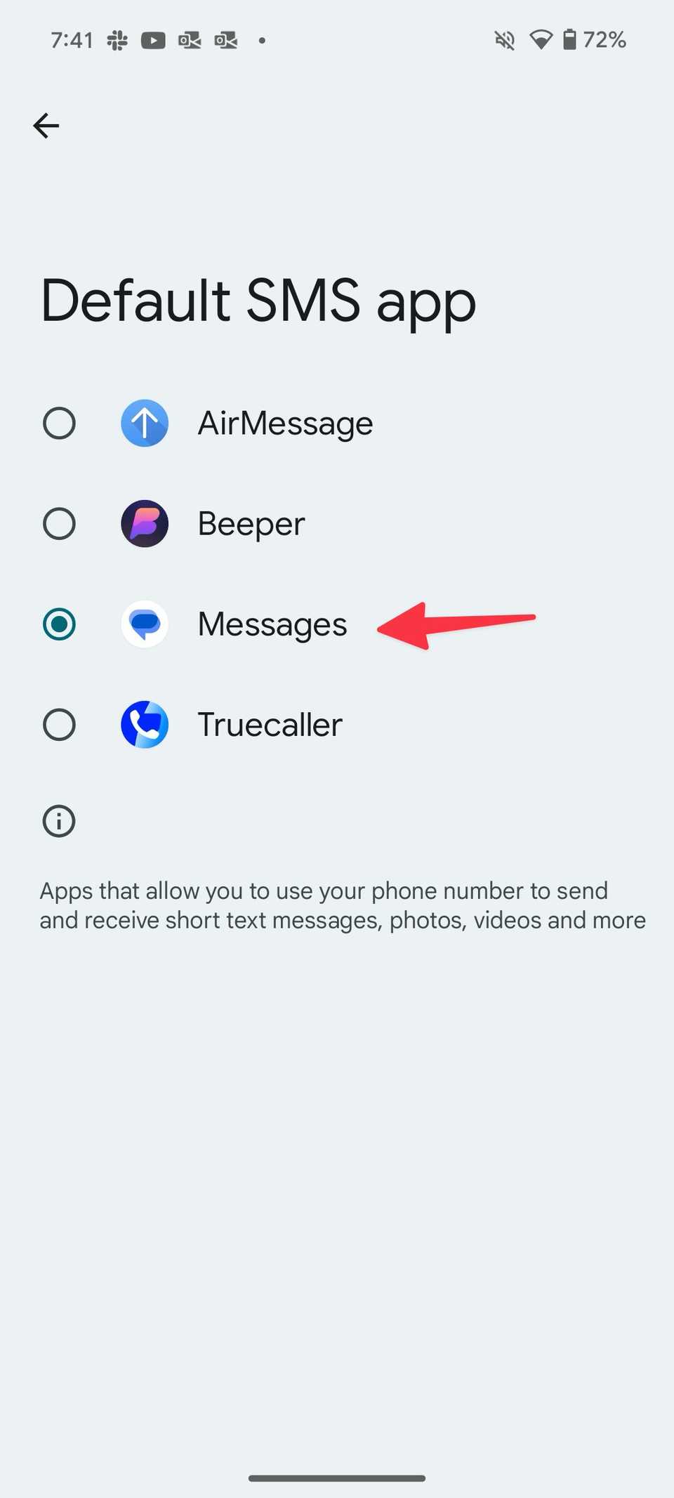 Red arrow pointing to Messages in default SMS app on Android