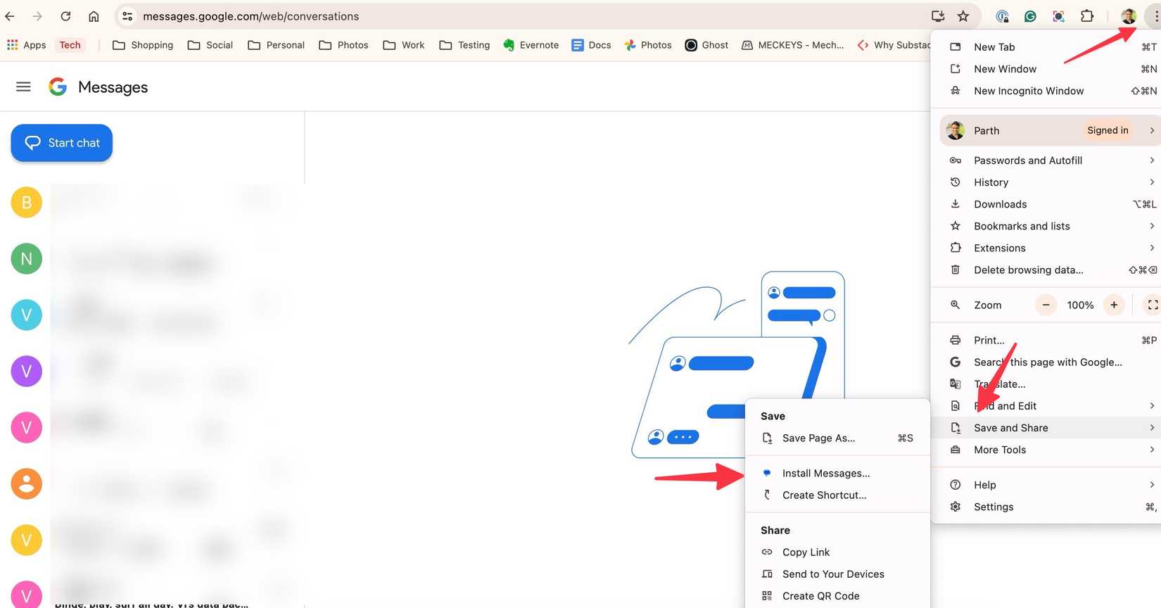 How to use Google Messages on your laptop or desktop 17 Arrows pointing to Chrome browser menu while Google Messages web app is open to save and share a web app in Chrome