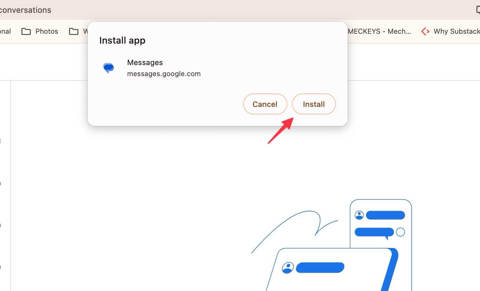 How to use Google Messages on your laptop or desktop 18 Red arrow pointing to the Install button in the Install app prompt window for Google Messages web app while in Chrome