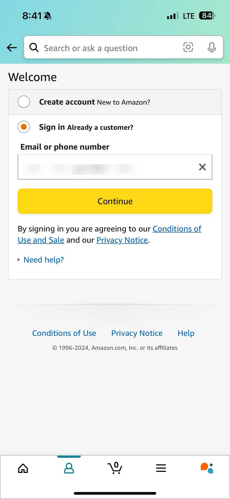 Pagina Amazon per accedere al tuo account nell'app Amazon Shopping