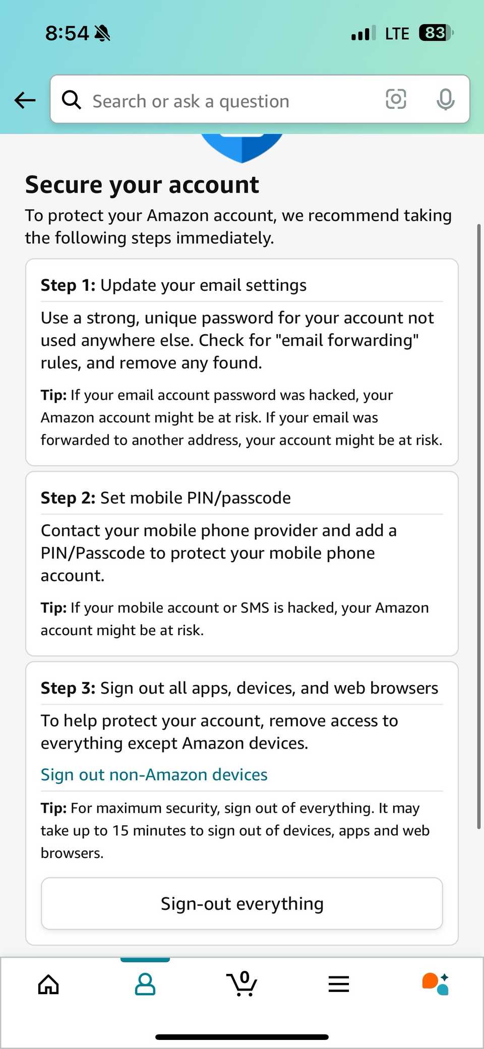 Un'opzione per disconnettersi da tutti i dispositivi su Amazon con il pulsante Esci da tutto