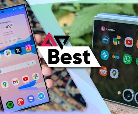 Samsung Galaxy S24 Ultra à esquerda e Galaxy Z Flip 6 à direita com o logotipo AndroidPolice no centro com o texto