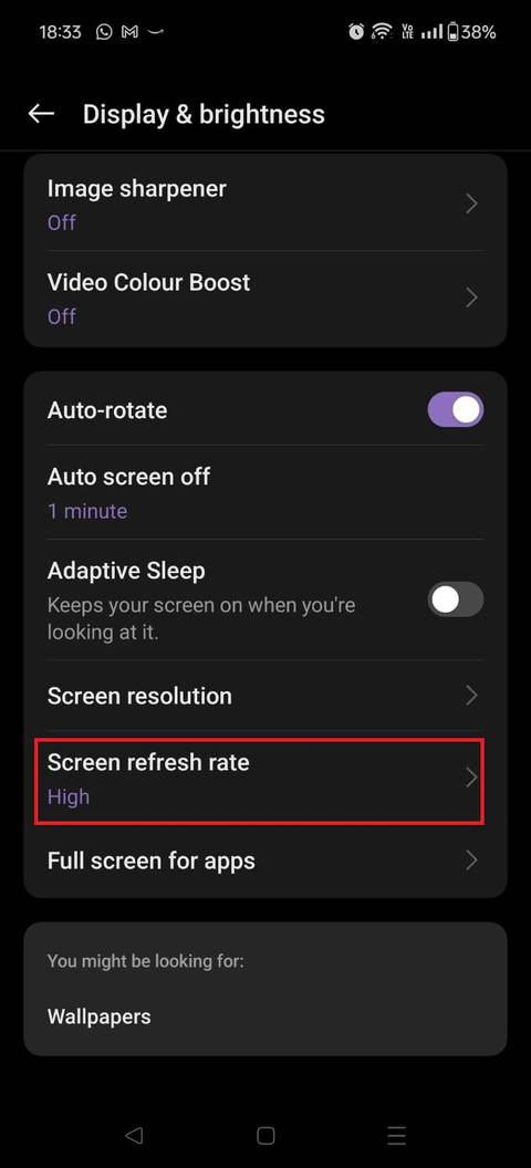 Screenshot che evidenzia la frequenza di aggiornamento dello schermo su OnePlus 12R