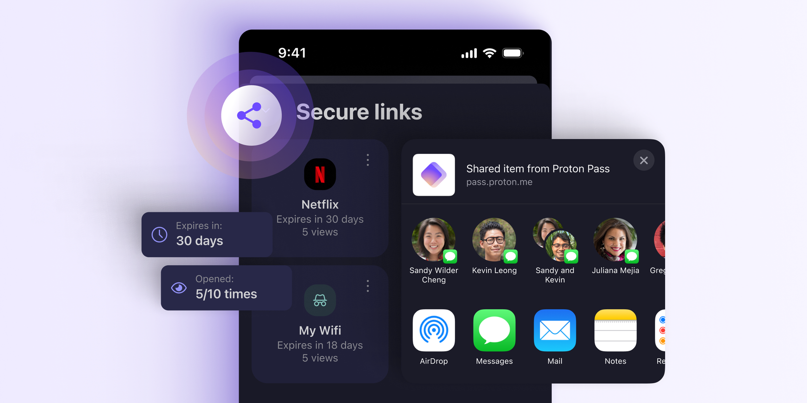 Proton Pass showing the secure links feature for sharing with friends and family