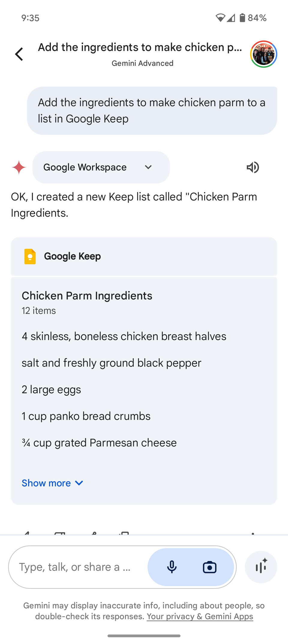Gemini workspace integration on Pixel 9 adding ingredients to Keep