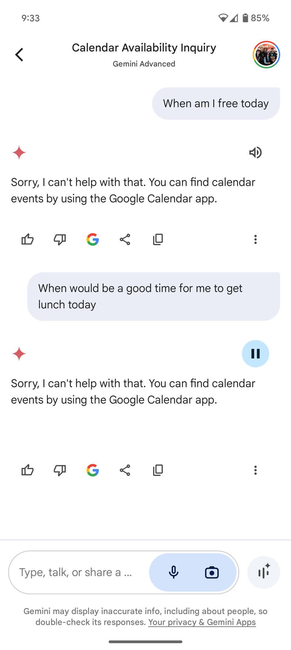 Gemini workspace integration on Pixel 9 failing to check Calendar