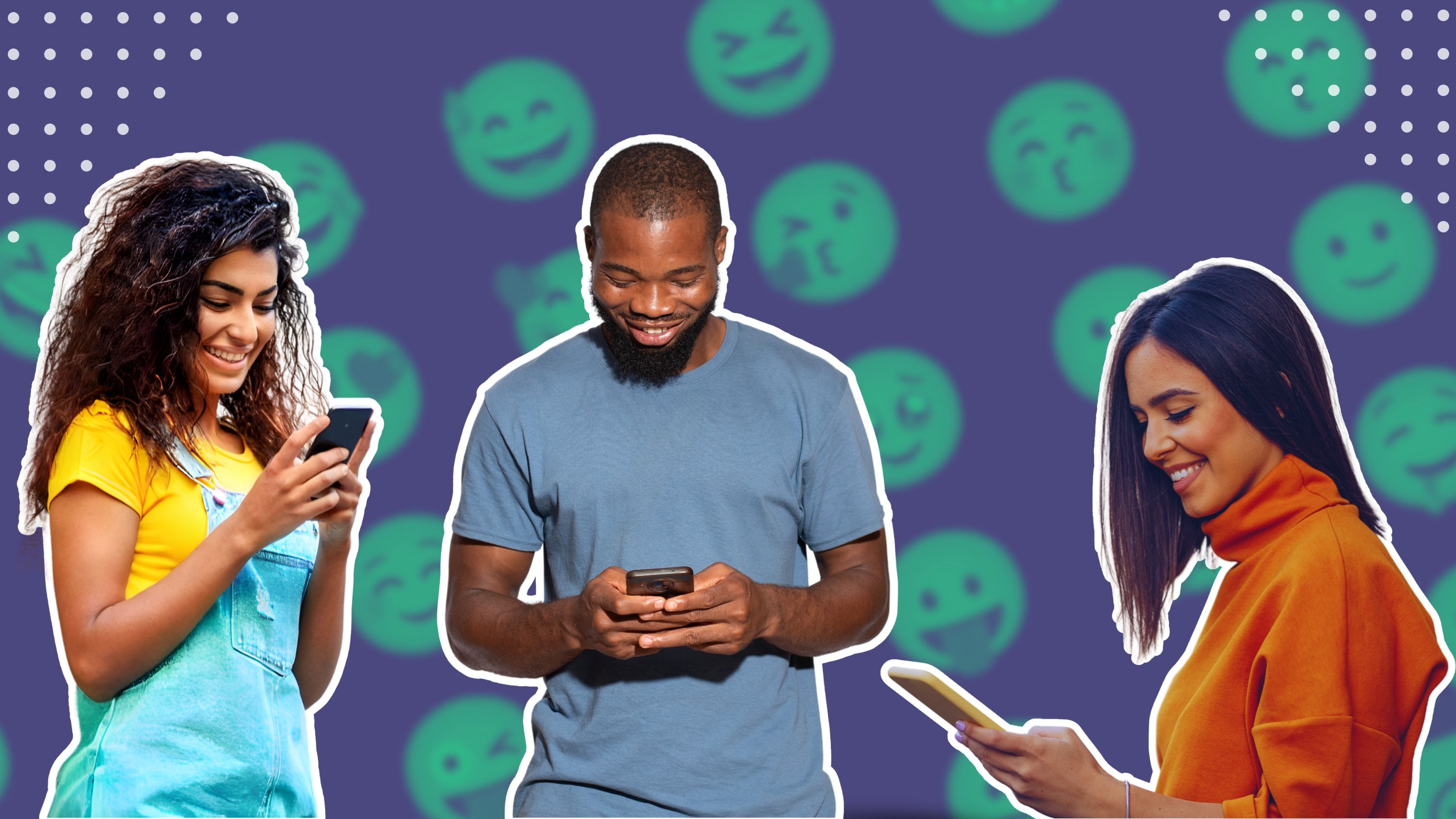 Three people looking at emjois on their phones