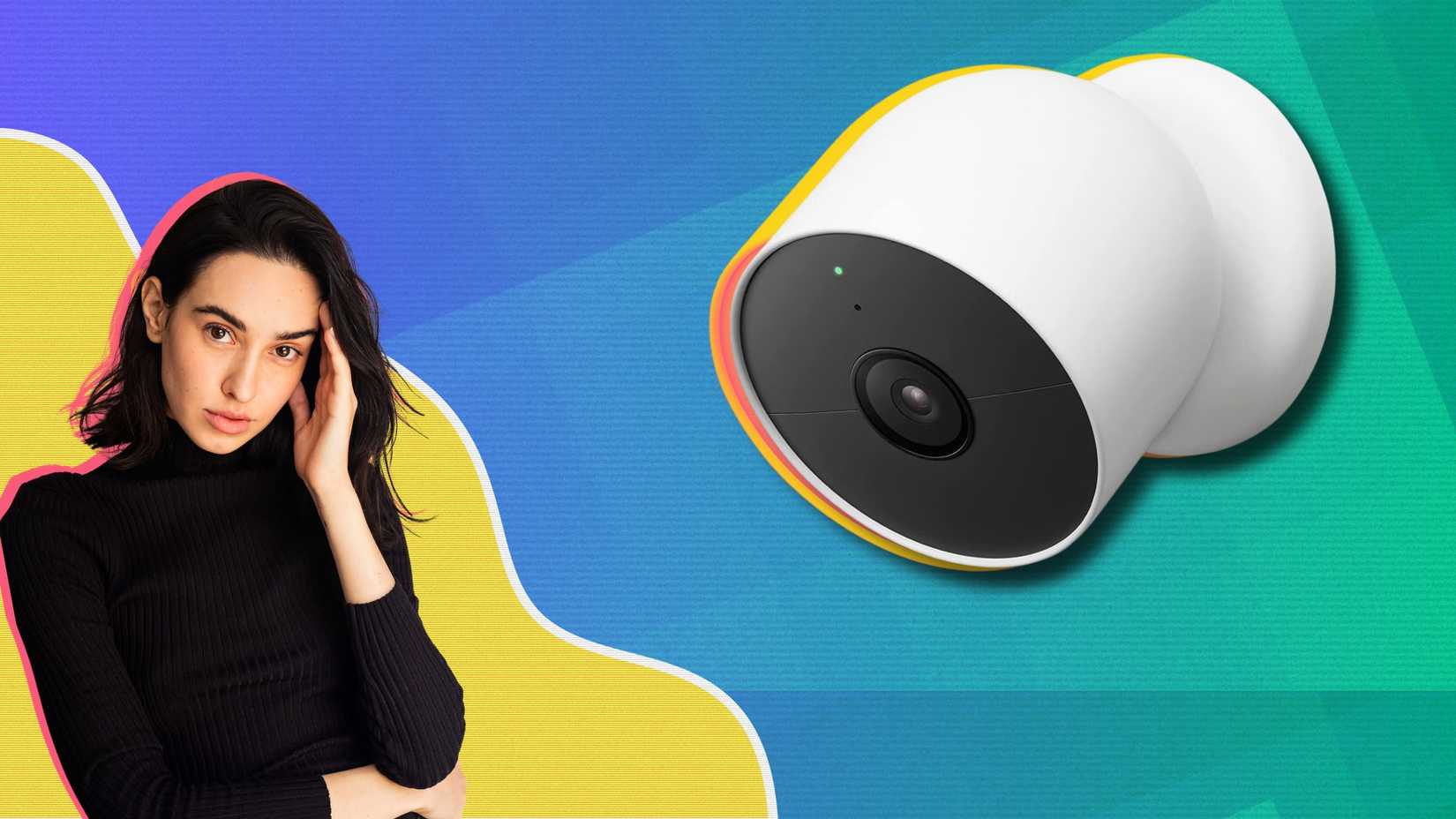 Google Nest Cam junto com uma garota preocupada em um fundo colorido de gradiente