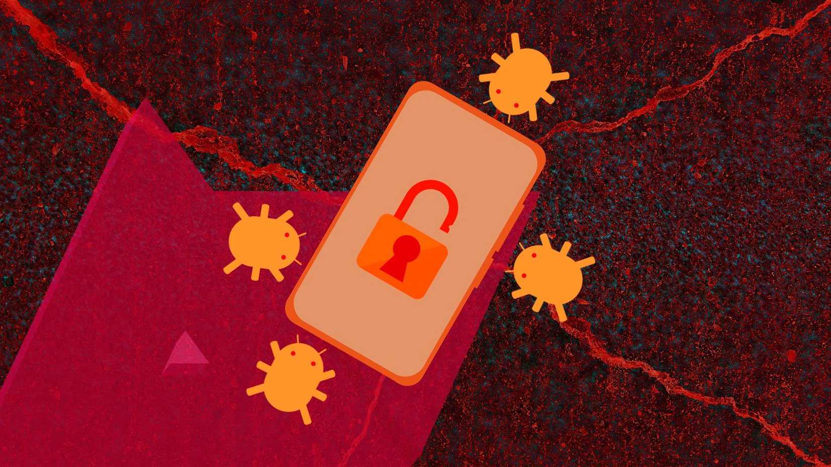 Ilustração de malware e bugs em um telefone