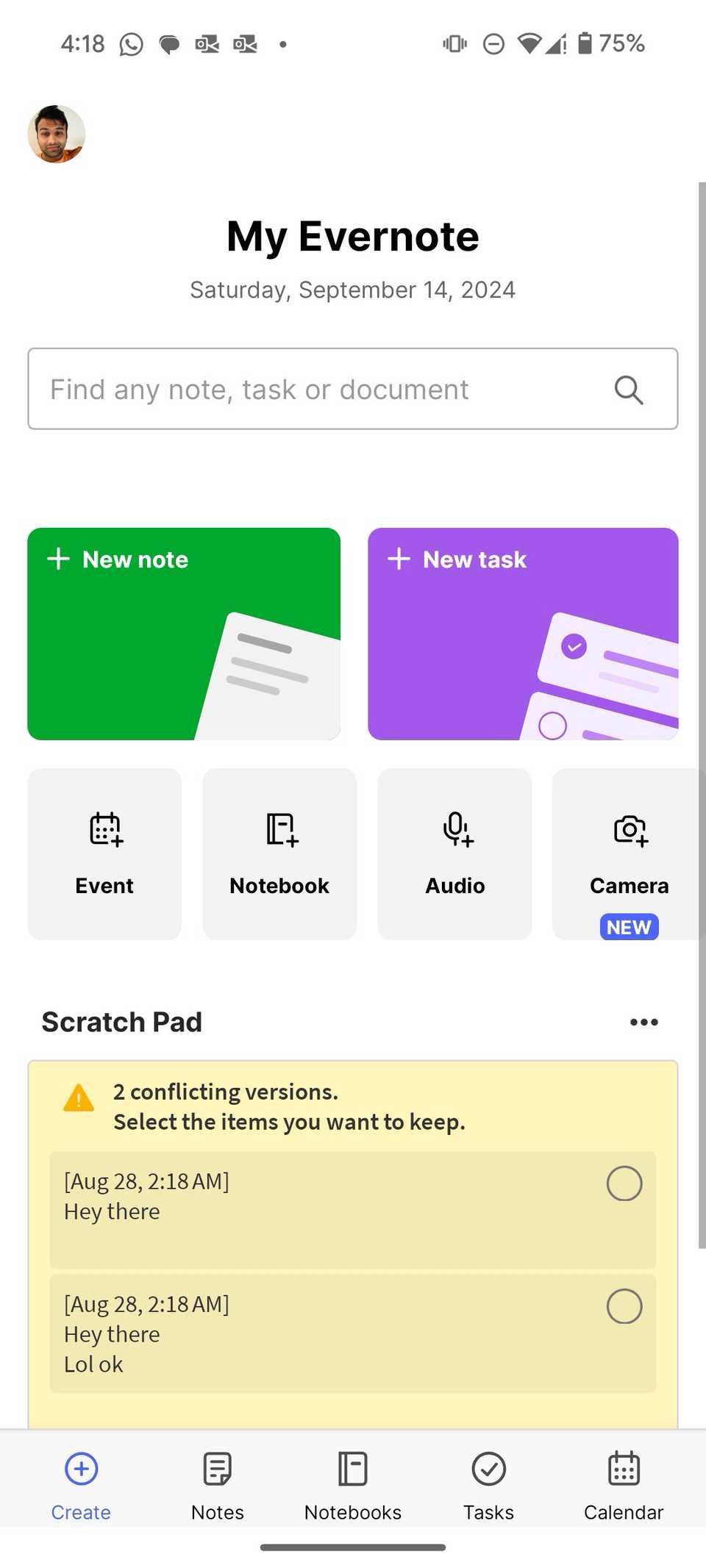 Open home menu in Evernote