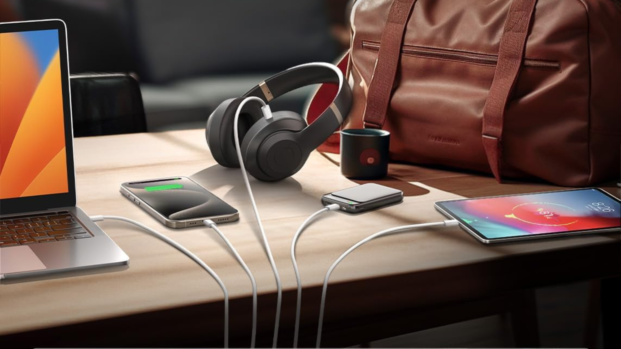 Lisen USB cables plugged into devices 