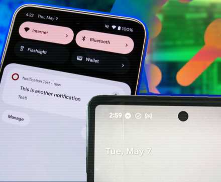 Two android devices showing notification prompts on a colorful background
