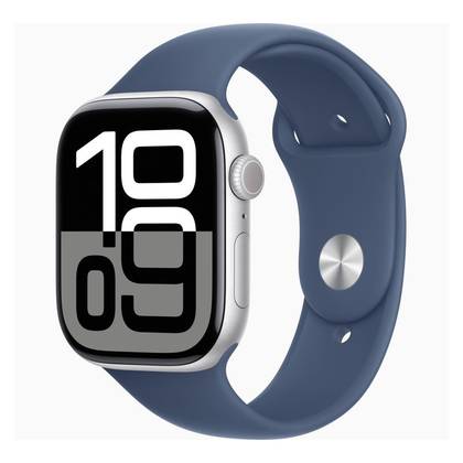 Apple Watch Series 10 باللون الفضي مع حزام أزرق على خلفية بيضاء.