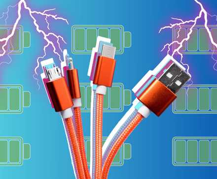 cabo USB e relâmpago com ícones de bateria em segundo plano