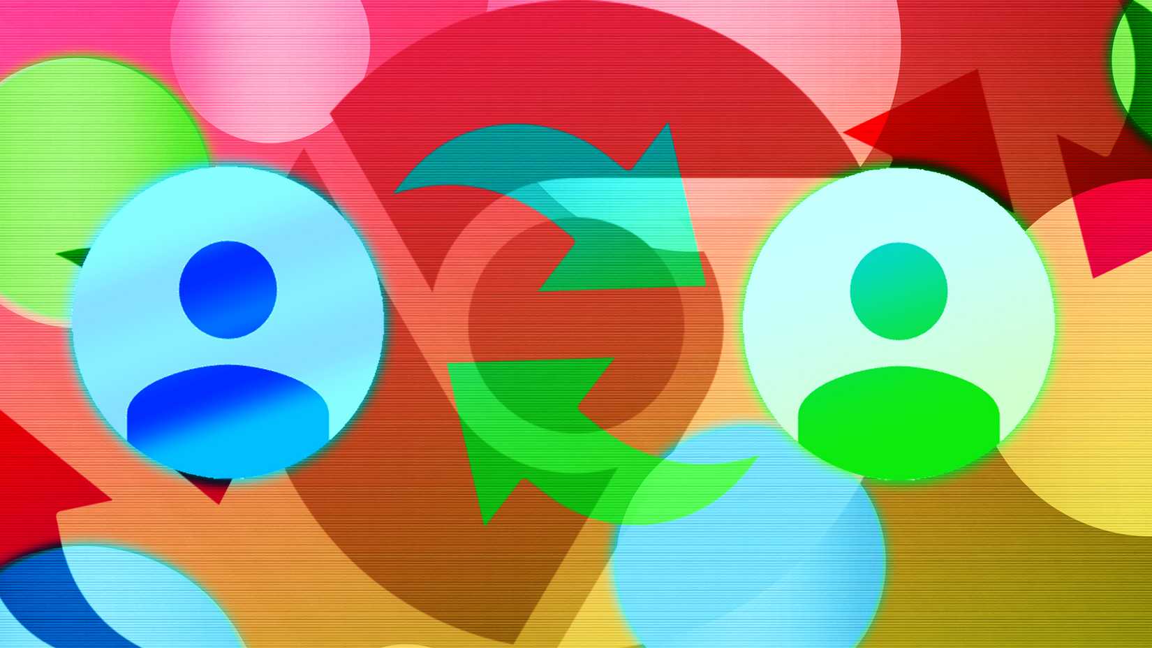 Two google profile icons sandwiching a switch icon over the google chrome logo on a colorful background