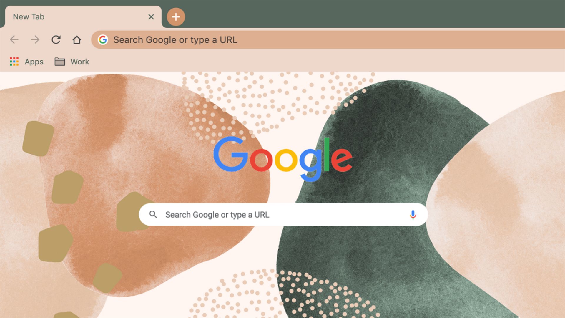 Google Chrome browser with the 'Free Spirit' theme applied, showcasing a soft, abstract design with earthy tones in green, beige, and tan.