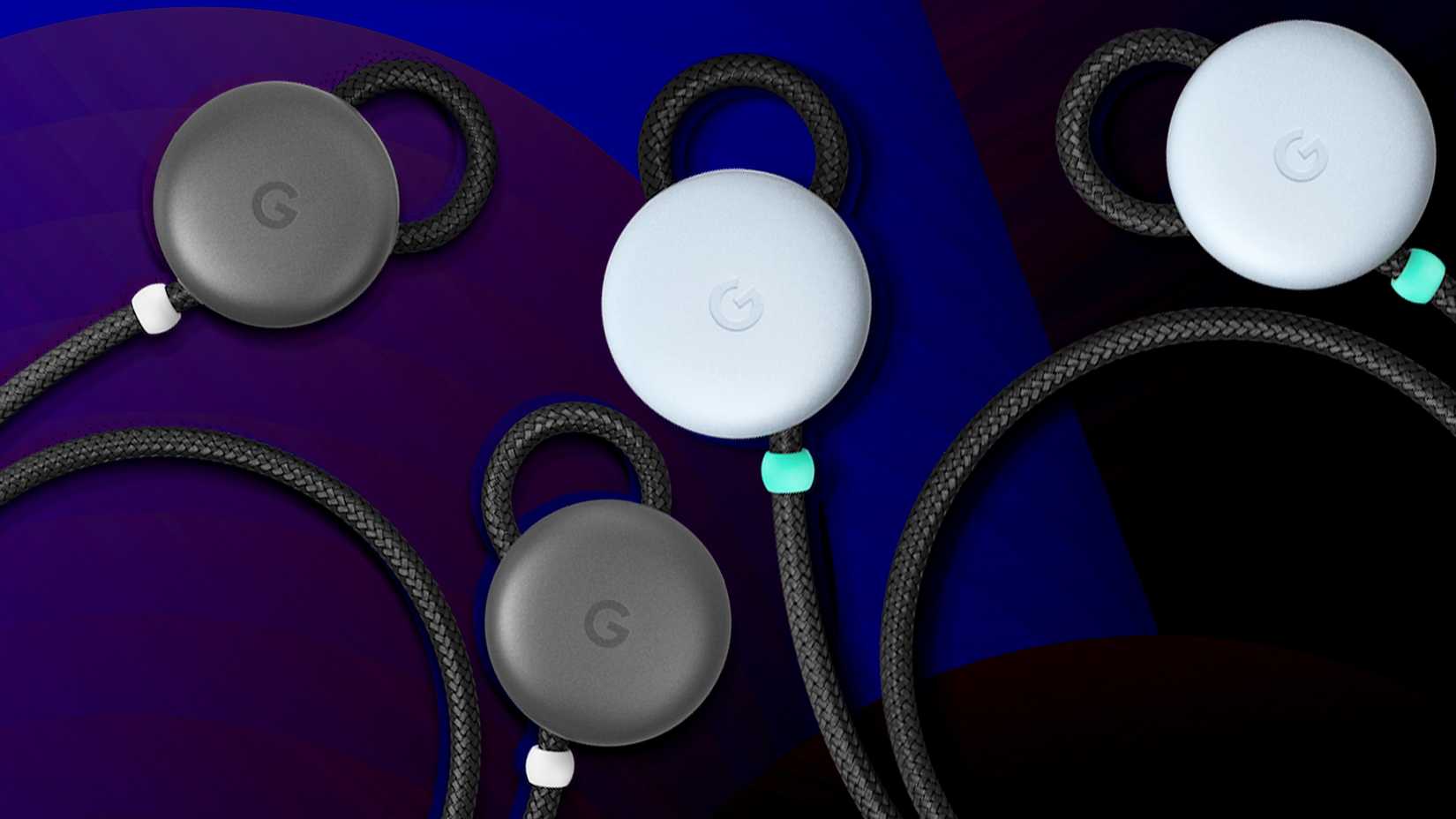 The first-generation Google Pixel Buds against a blue and purple background.