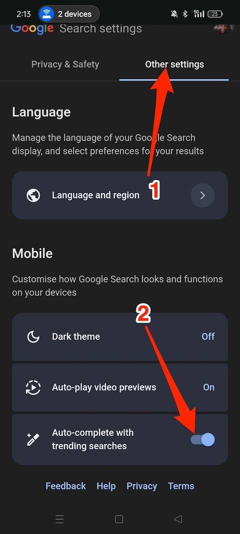 Search Settings Android How to disable Google trending searches