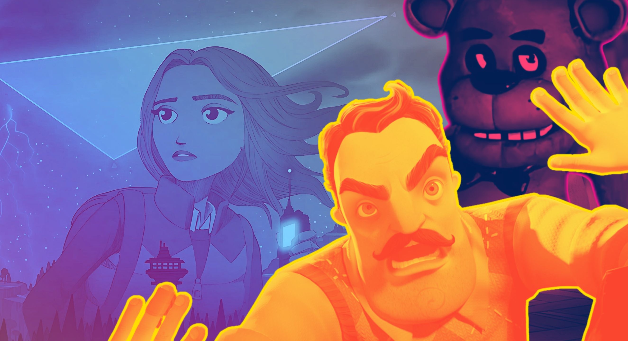 Photo illustration of various horror game characters in orange, blue, and pink