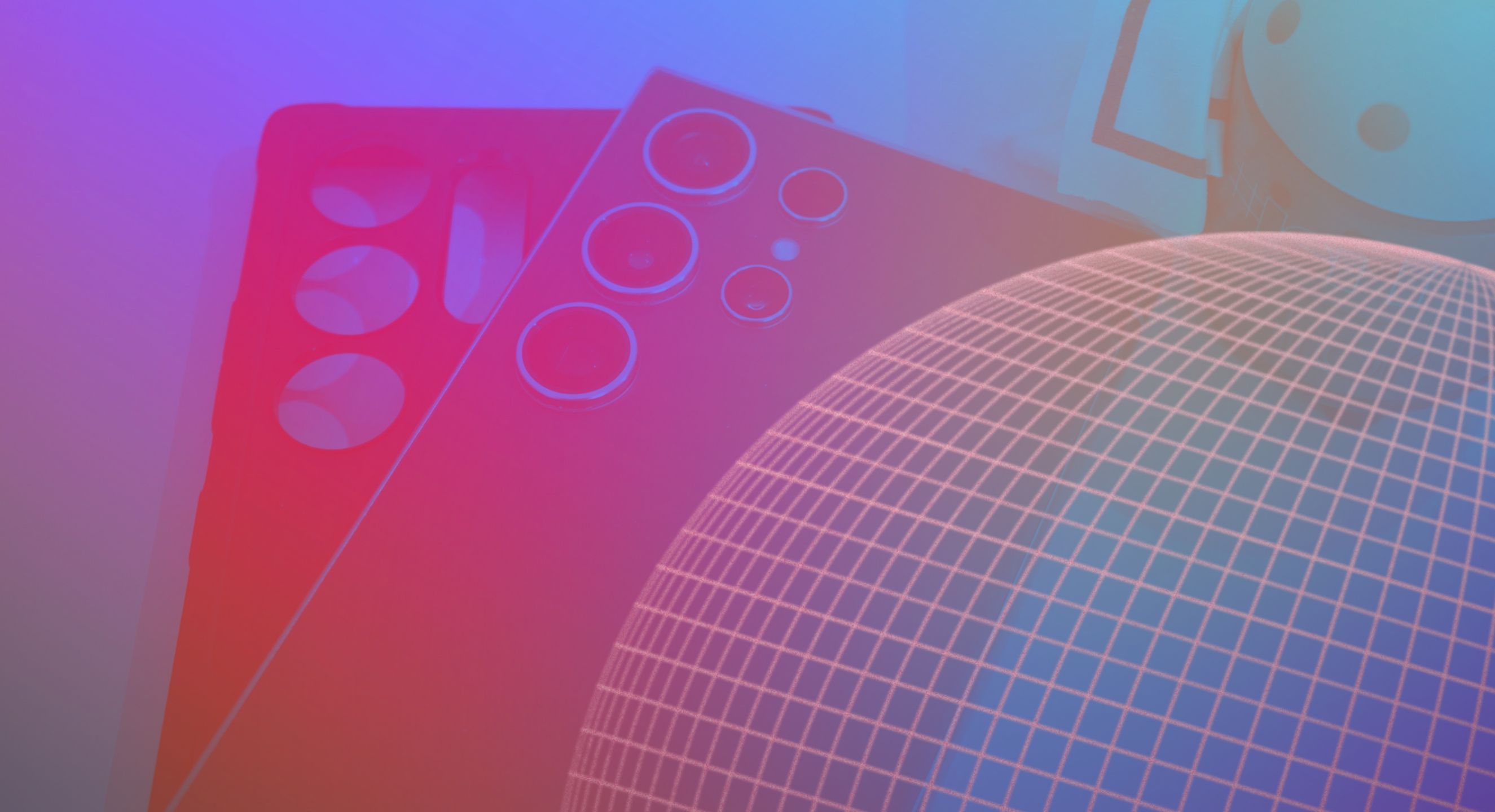 A photo illustration of a Samsung phone with a spherical grid overlaid.