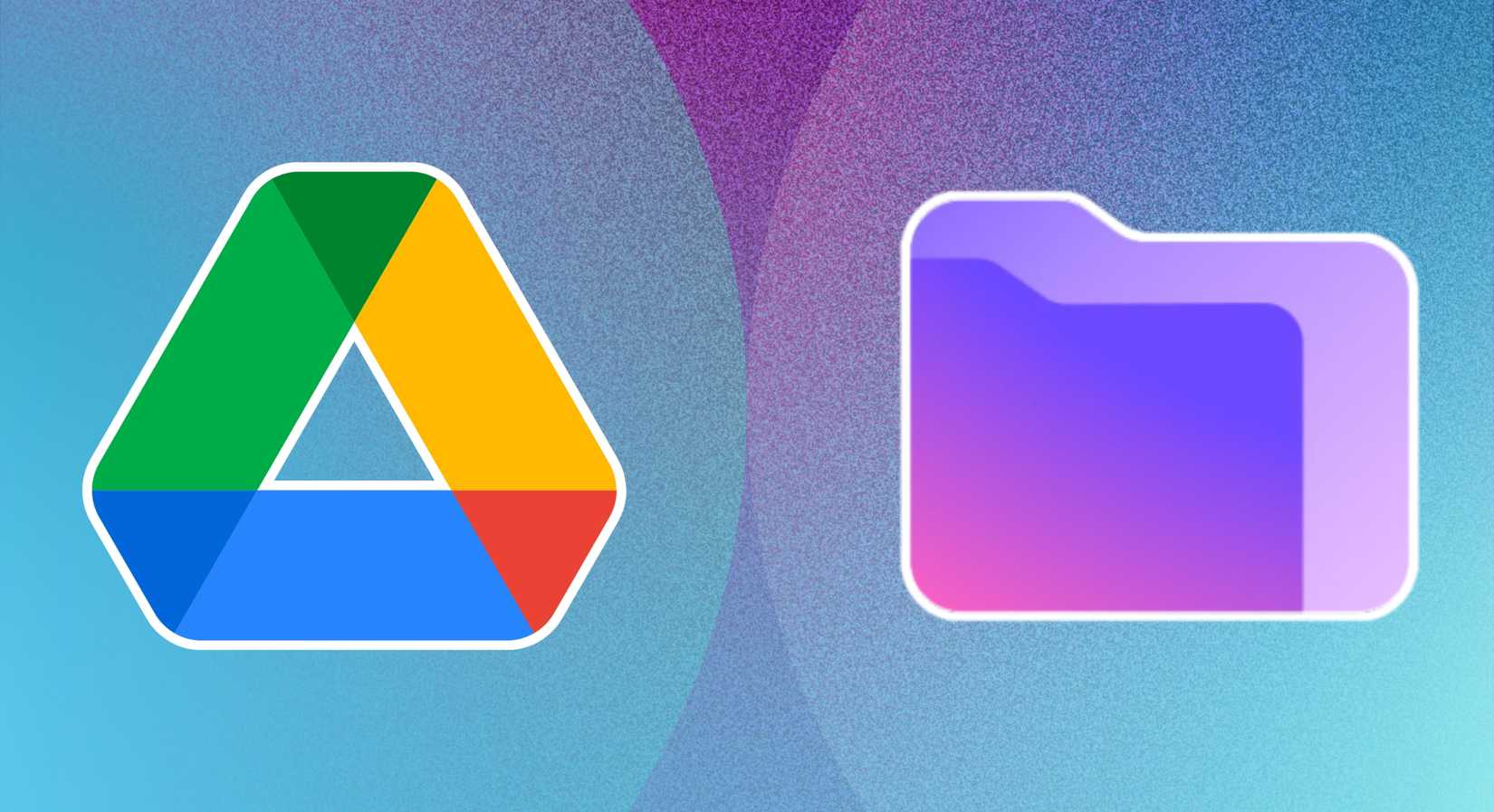 O logotipo do Google Drive ao lado do logotipo do Proton Drive em um fundo estilizado em azul e roxo