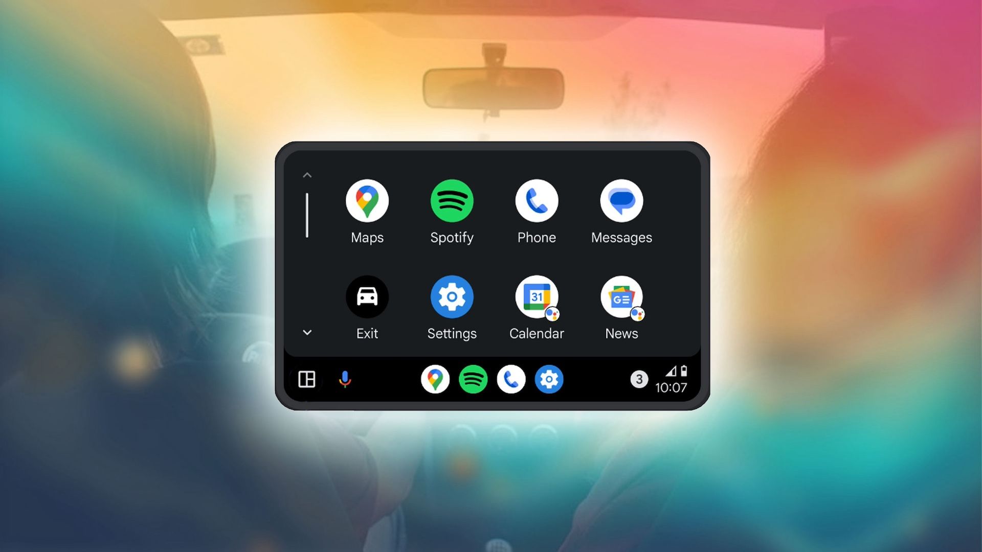 Tela inicial do Android Auto com apps sobrepostos ao fundo com interior de carro desfocado