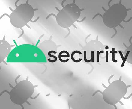 Um logotipo do Android contra um fundo prateado com insetos de desenho animado rastejando.