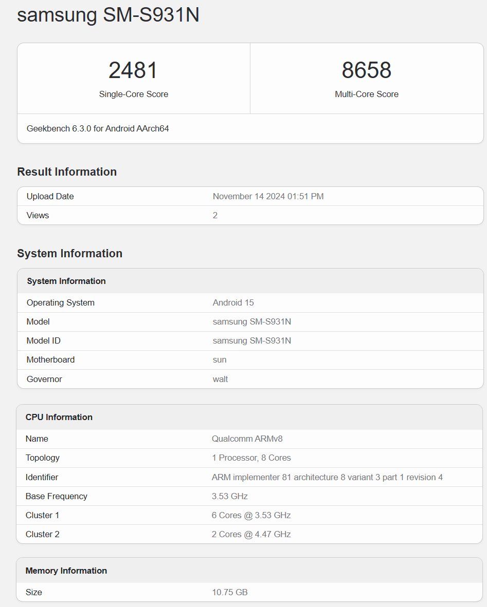 A screenshot from a Galaxy S25 Geekbench listing pre-release