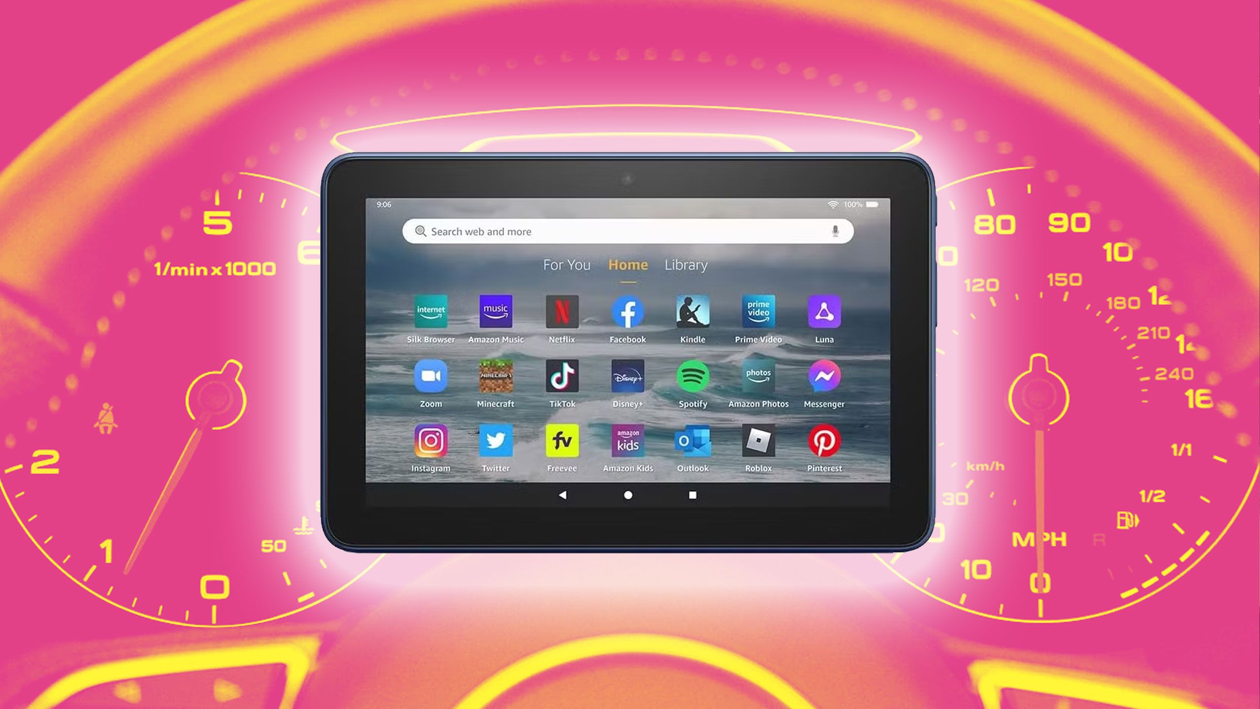 Amazon Fire tablet in the center of a pink, yellow, speedometer background